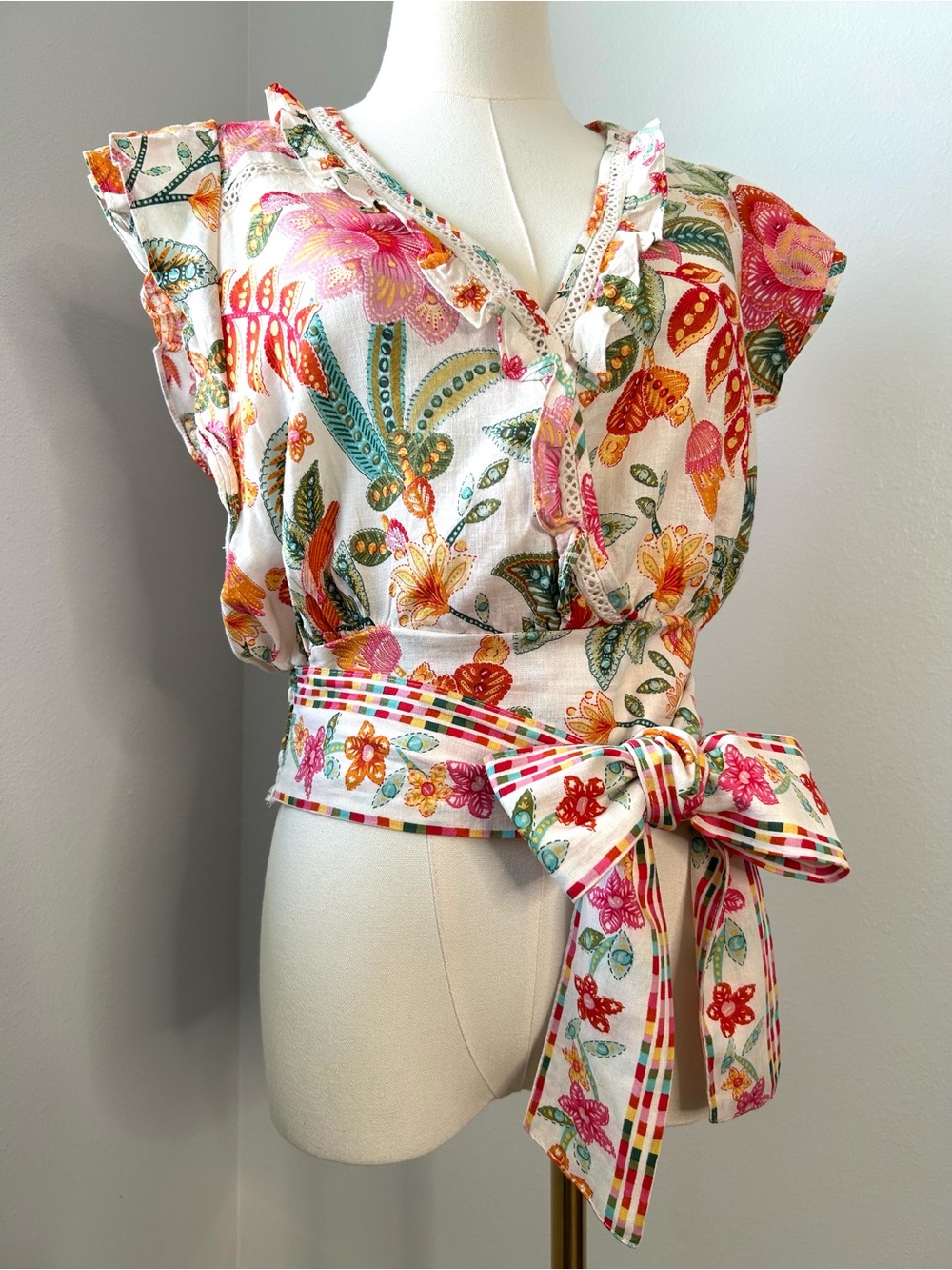 Rachel Zoe Linen Blend Floral Butterfly Sleeve Crop Top Womens XS/S